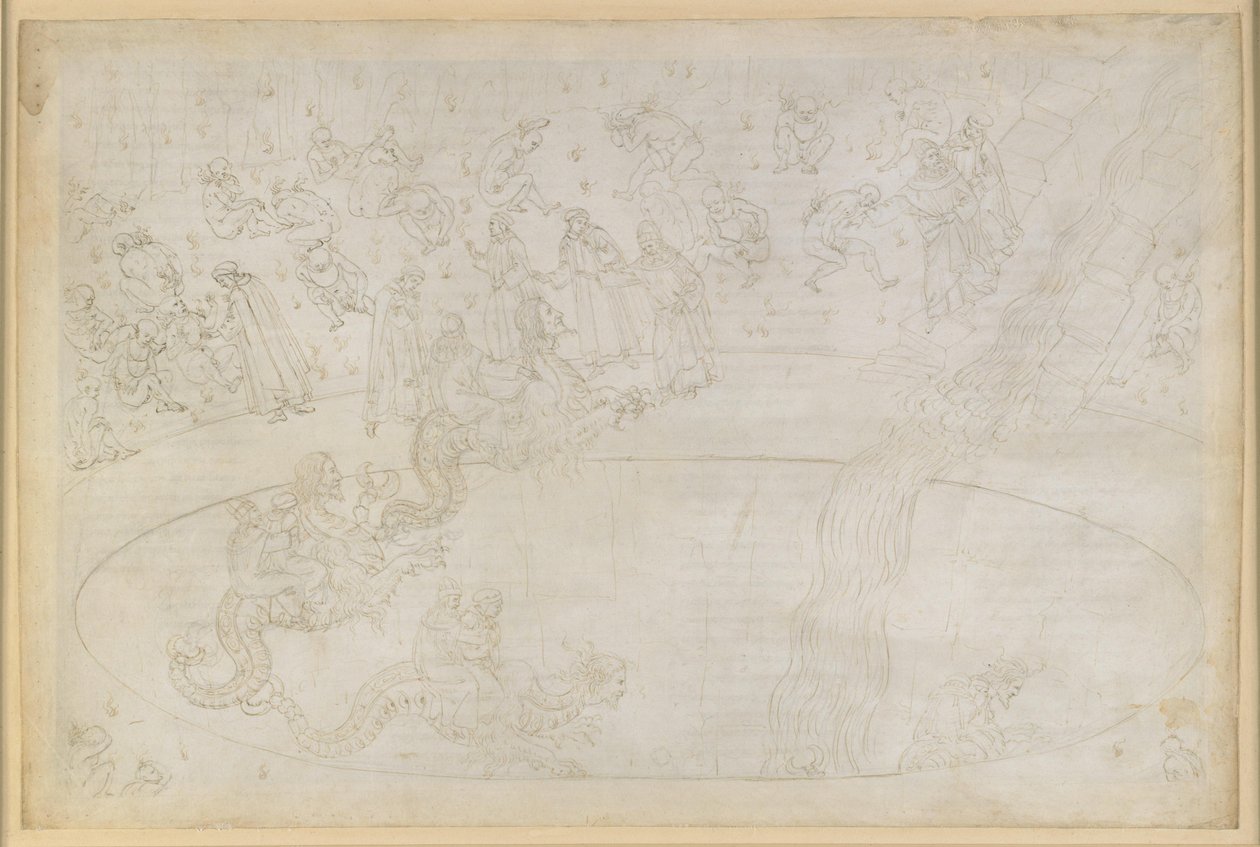 The Divine Comedy, Inferno XVII. Virgil and Dante in the Seventh Circle of Hell, 3rd Strip: Violent Against Divine Order in the Desert of Flames, Punishment of Usurers; Descent into the Depths on the Back of Geryon by Sandro Botticelli