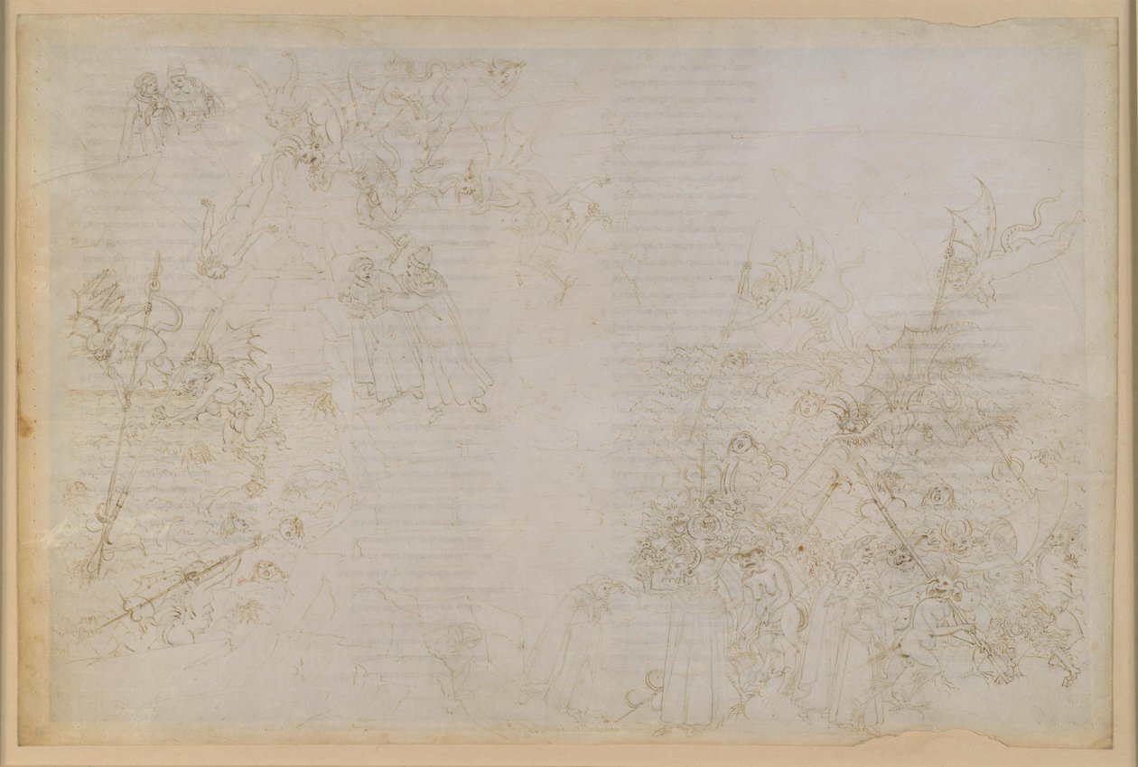 The Divine Comedy, Inferno XXI. Virgil and Dante in the Eighth Circle of Hell (Malebolge), 5th Bolgia: Punishment of the Corrupt in Public Offices; The Escort by the Devils by Sandro Botticelli