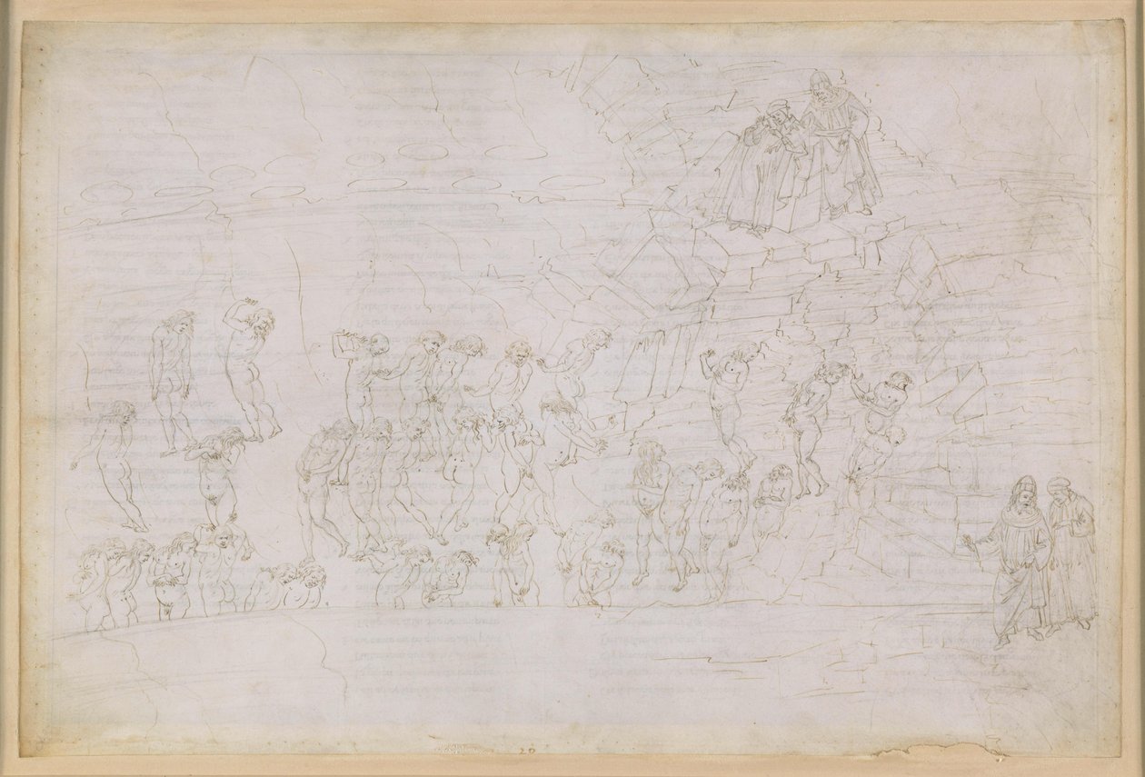 The Divine Comedy, Inferno XX. Virgil and Dante in the Eighth Circle of Hell (Malebolge), 4th Bolgia: Punishment of the Sorcerers and Soothsayers; Encounter with Manto by Sandro Botticelli