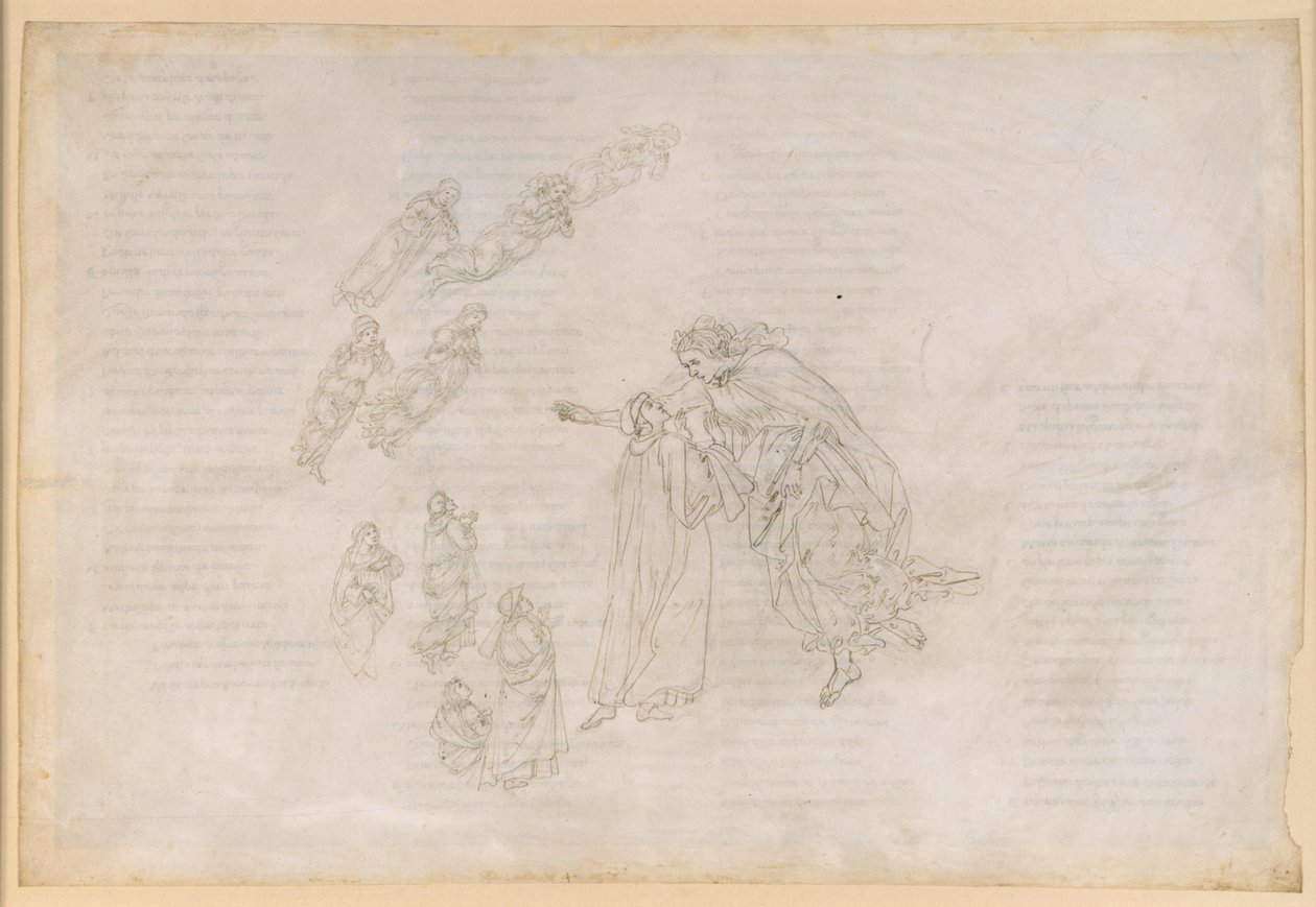 The Divine Comedy, Paradise IV. First Planetary Sphere (Moon Sky): Beatrice Explains to Dante the True Seat of the Blessed by Sandro Botticelli