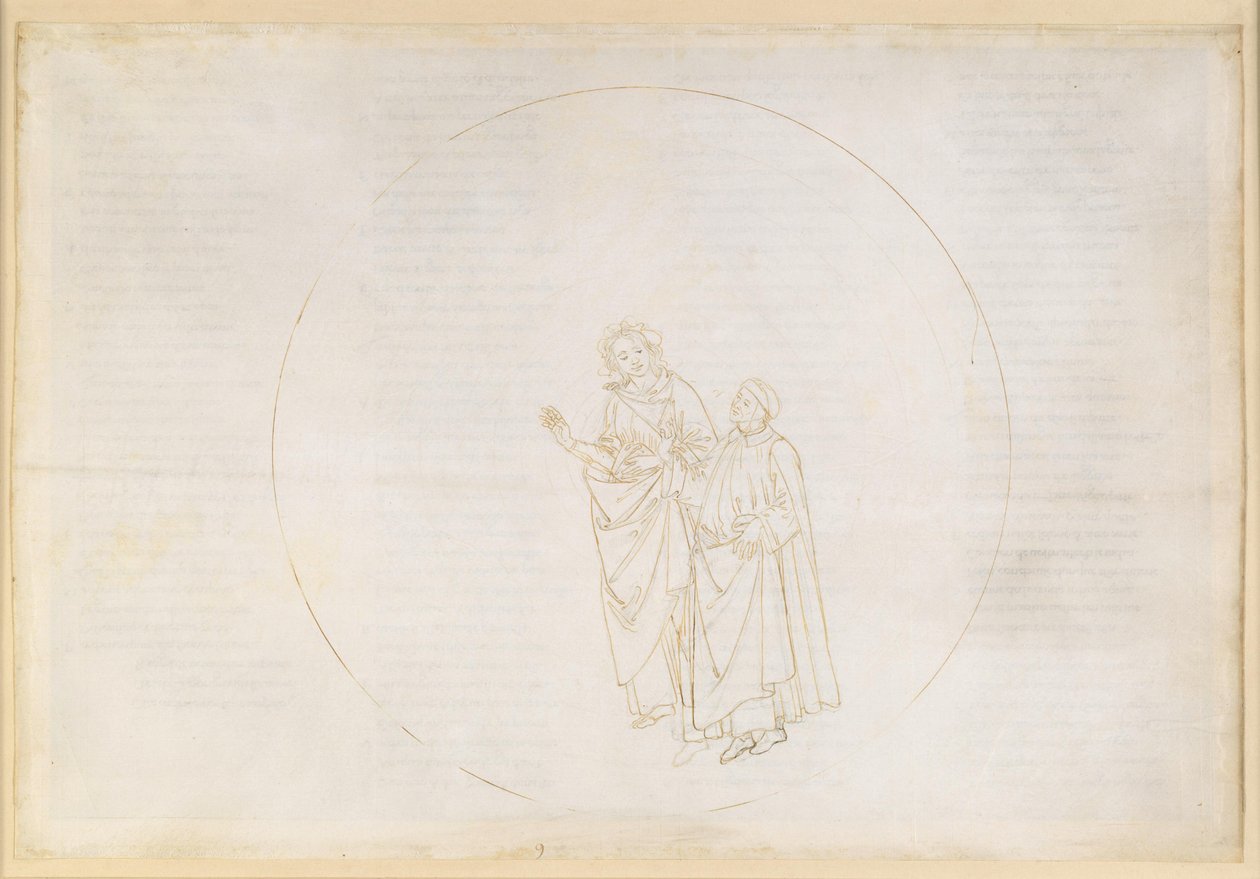 The Divine Comedy, Paradiso IX. Third Planetary Sphere (Heaven of Venus): Cunizza d Romano and Folquet of Marseille Explain to Dante the Nature of Their Star by Sandro Botticelli
