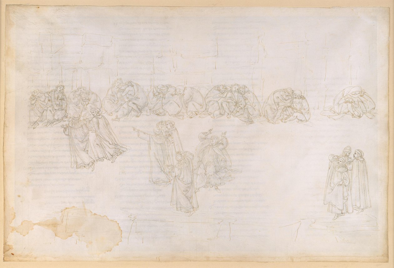 The Divine Comedy, Purgatorio XIII. Second Ring of Purgatory: Penance for Envy and Schadenfreude; Conversation with Sapia Salvani by Sandro Botticelli