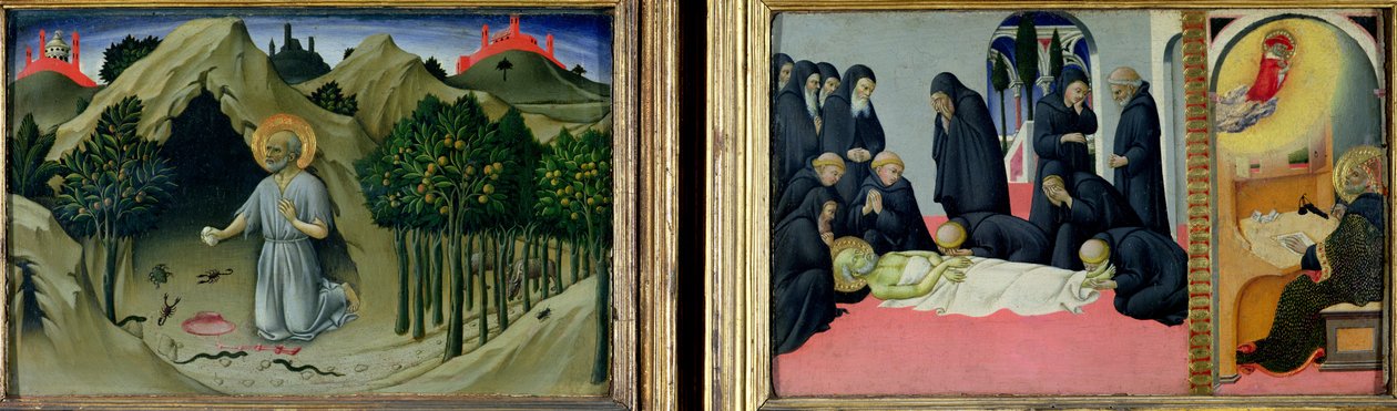 The Penitence of St. Jerome and the Death and Apparition of St. Jerome to St. Cyril of Jerusalem, 1444 by Sano di Pietro