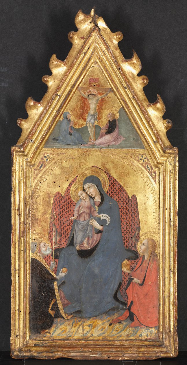 Virgin and Child Adored by Saints Mary Magdalene and Nicolas of Bari, Christ Crucified by Sano di Pietro
