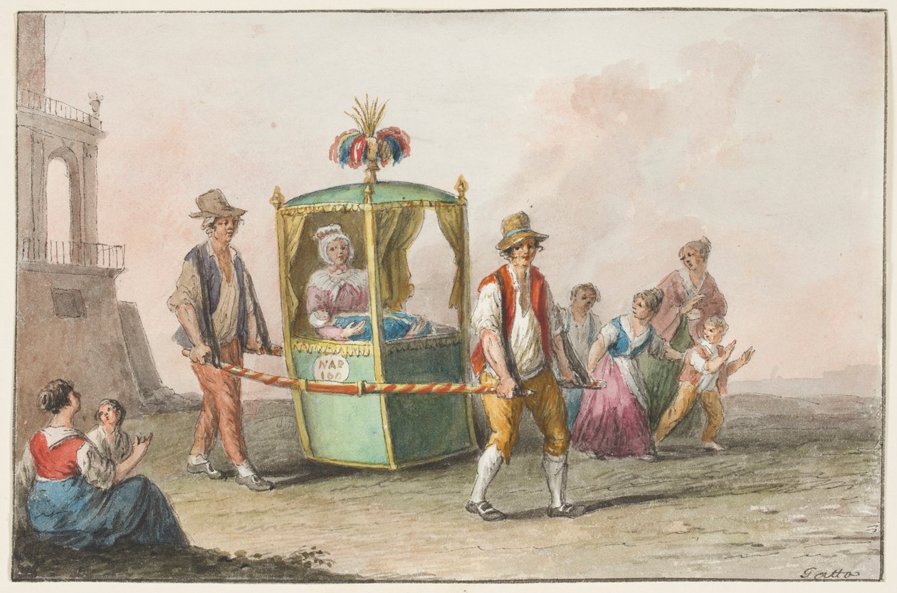 Watercolor; A Midwife with a Baby on the Way to Church for Christening by Saverio della Gatta