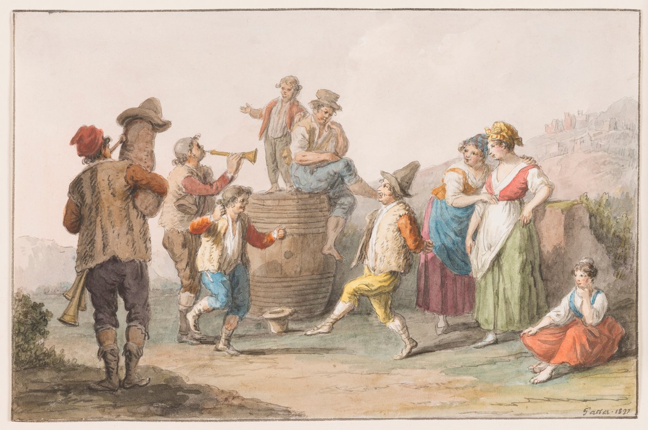 Two Peasants Dancing to the Music of Bagpipe and Horn by Saverio della Gatta