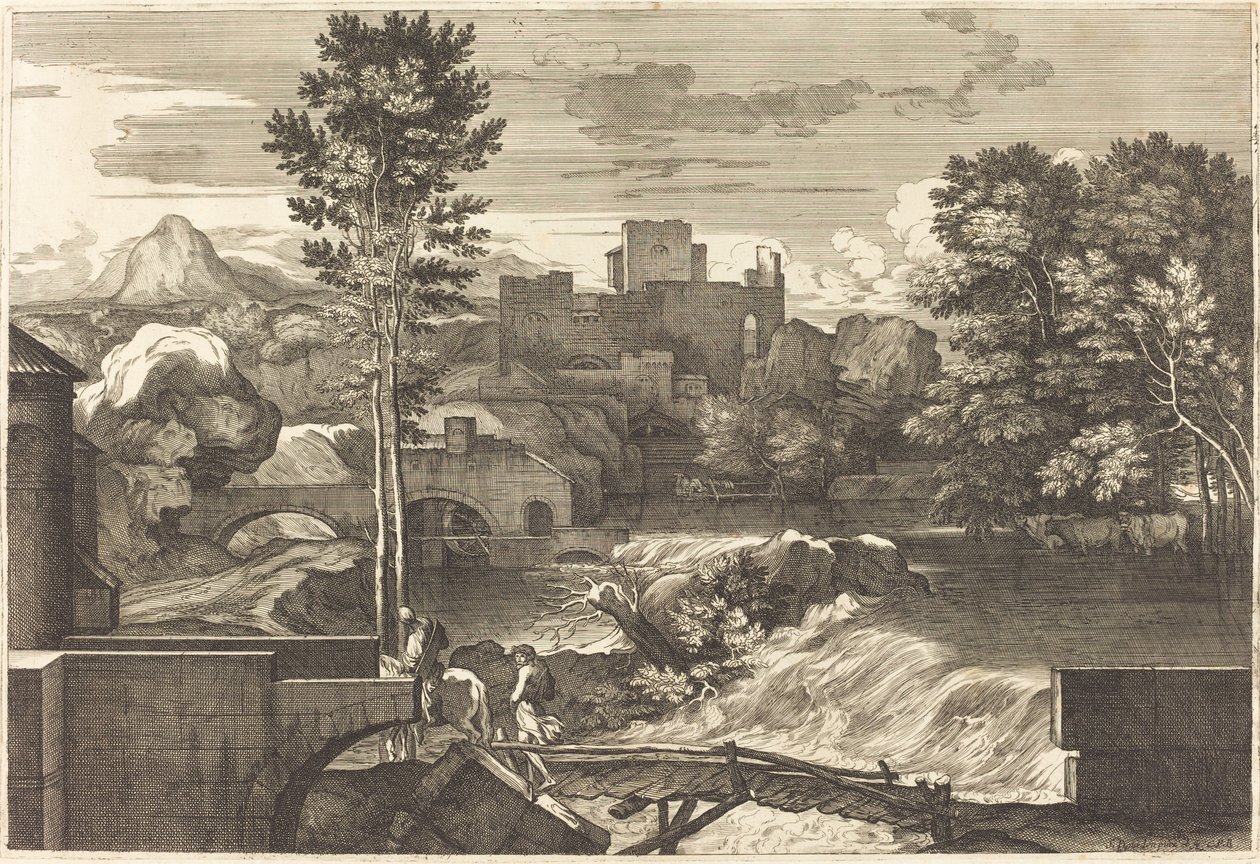 Landscape with Two Figures on a Bridge by Sébastien Bourdon