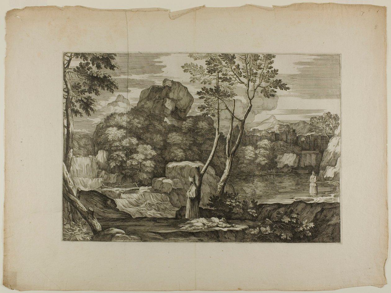 Landscape with a Dead Man and Two Priests by Sébastien Bourdon