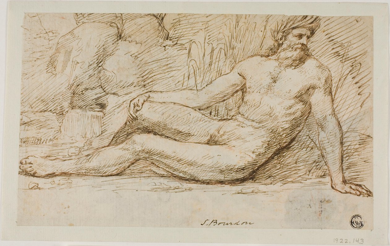 River God (front); Sketches of Two Male Heads (back) by Sébastien Bourdon