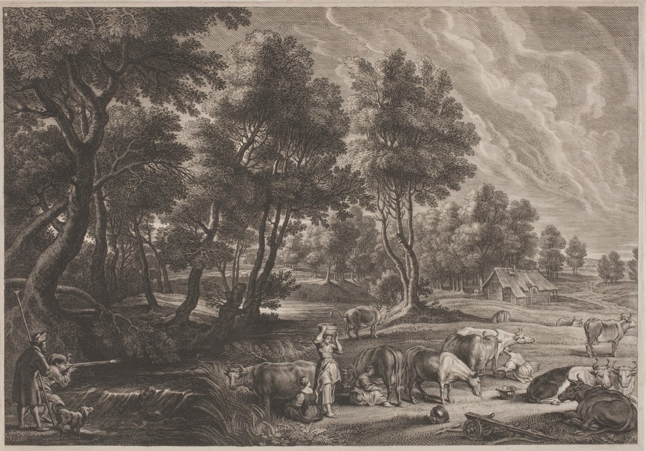 Farm Landscape with Hunters and Milkmaids by Schelte Adams Bolswert, after Sir Peter Paul Rubens