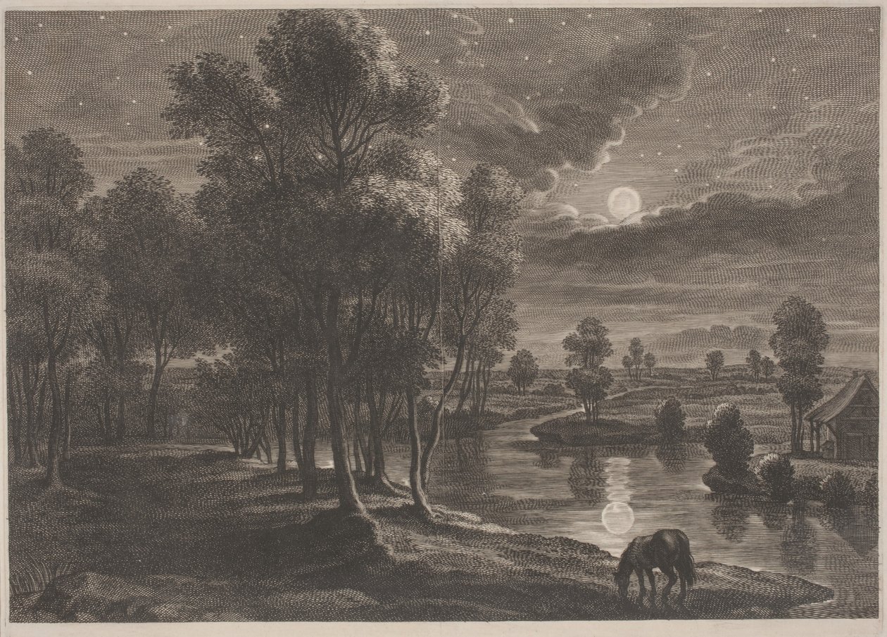 Moonlit River Landscape by Schelte Adams Bolswert, after Sir Peter Paul Rubens