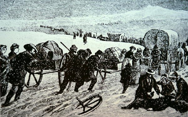 Mormon wagon train in a blizzard heading for Salt Lake City, Utah by School American