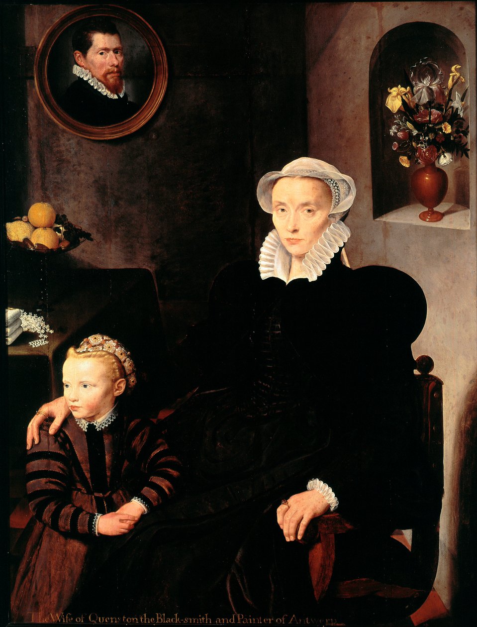 Portrait of the wife of the blacksmith and painter from Antwerp Quenston with her child by School Antwerp