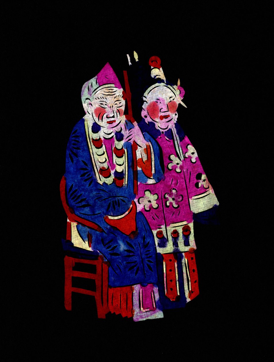 Couple in Traditional Clothes. Painted Paper Cutting or 