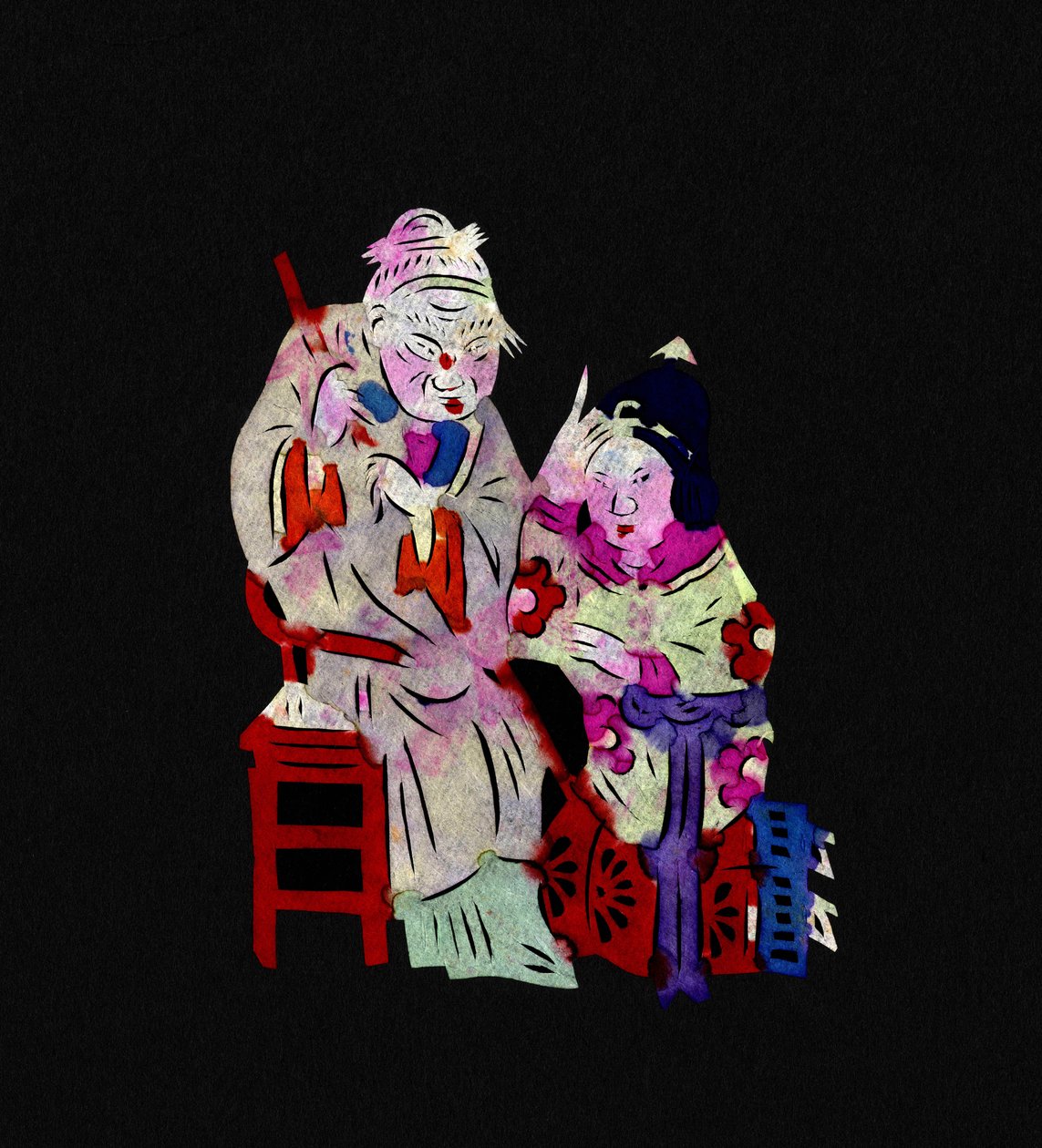 Couple with Old Woman and a Young Girl. Painted Paper Cutting or 