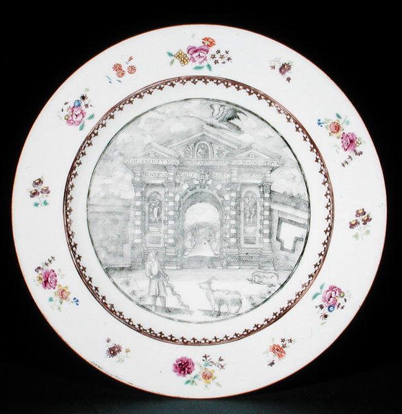 Dinner plate decorated en grisaille with Rose Famille enamels depicting Jacob Bobart (1599-1680) with a goat and a dog, Qianlong period (1736-95) by School Chinese