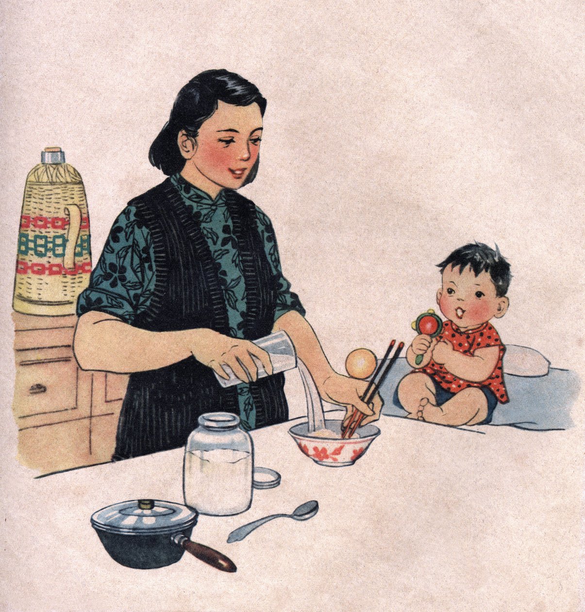 Mom preparing a baby meal. Illustration, in "How to Better Nourish Our Children", Edition Le Journal de la Sante, Pekin by School Chinese