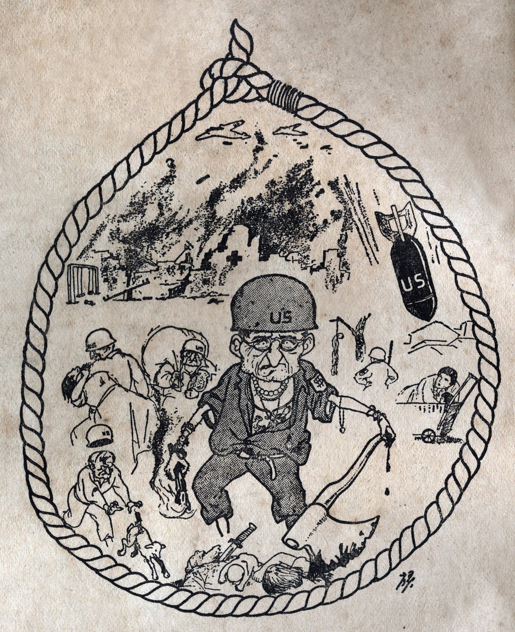 The Rope of Justice Waiting for Americans. Cartoon, in “The Anthology of Chinese Cartoons to Support the Korean Communists Against the United States”, Edition Les Beaux-Arts Populaire, Beijing by School Chinese