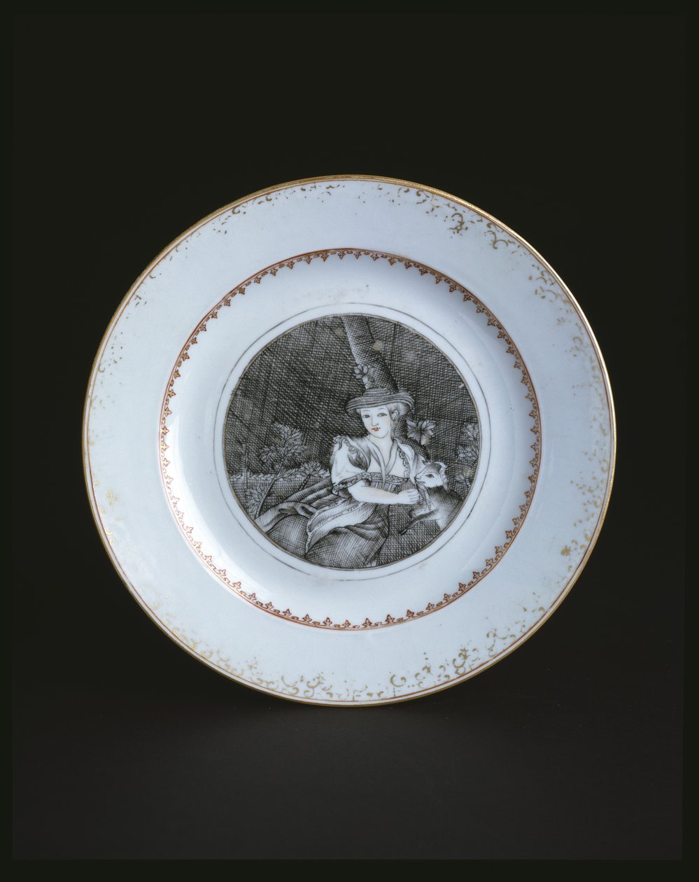 White plate bordered in gold and red with woman by School Chinese