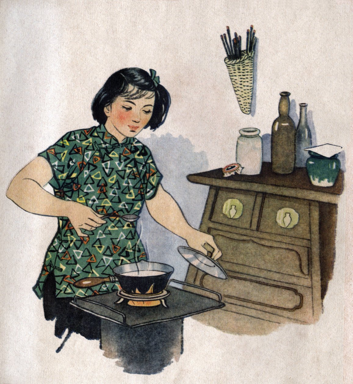Young mom preparing food for her child. Illustration, in "How to Better Nourish Our Children", Edition Le Journal de la Sante, Pekin by School Chinese