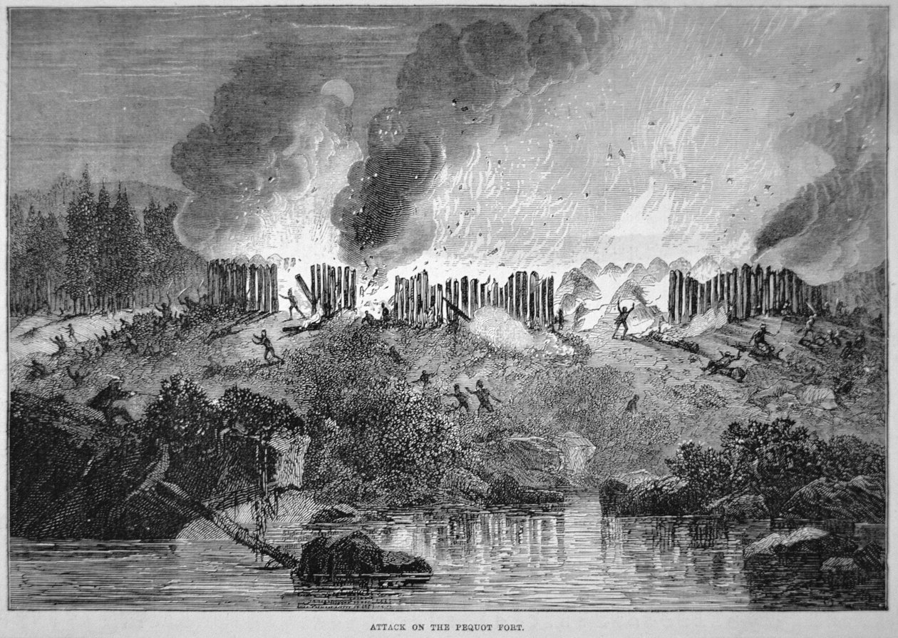 New England White Settlers Attack the Pequot Indian Fort During the Pequot War of 1637 by School English