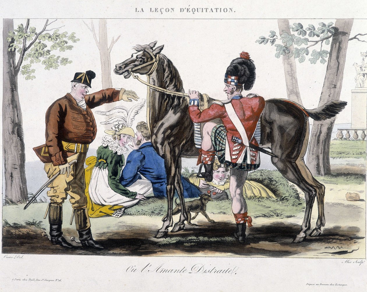 Riding lesson or distracted lover - humorous drawing by School French