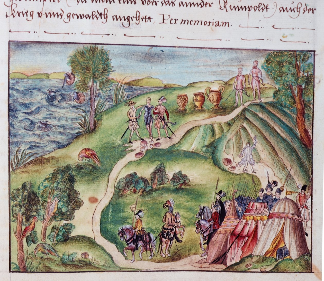 A Venezuelan landscape with a Spanish encampment, from a collection of memoirs of the Coeler Family, Nuremberg by School German