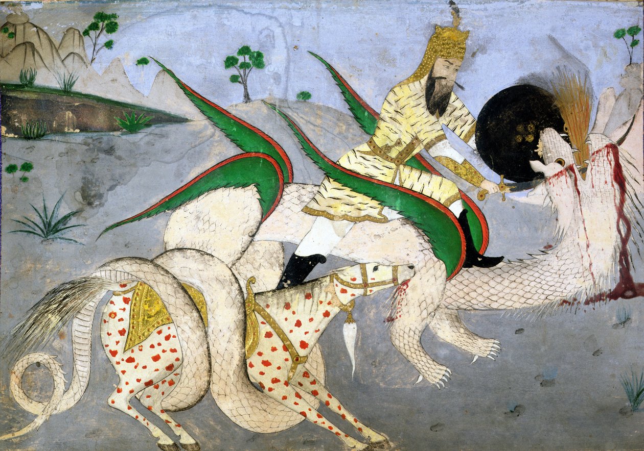 A mounted warrior attacking a dragon, illustration from a book on ...