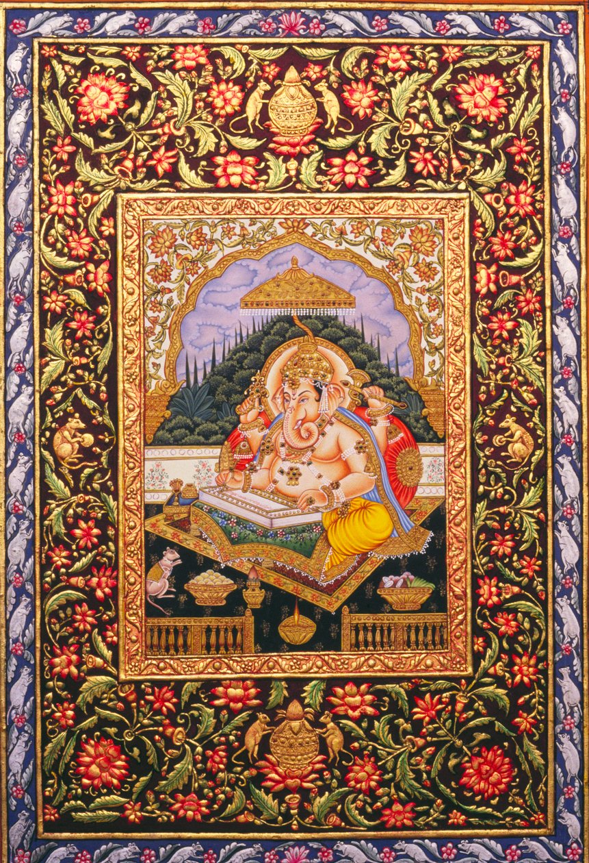 Lord Ganesha Ganpati Miniature Painting on Paper with Gold Embossing by School Indian