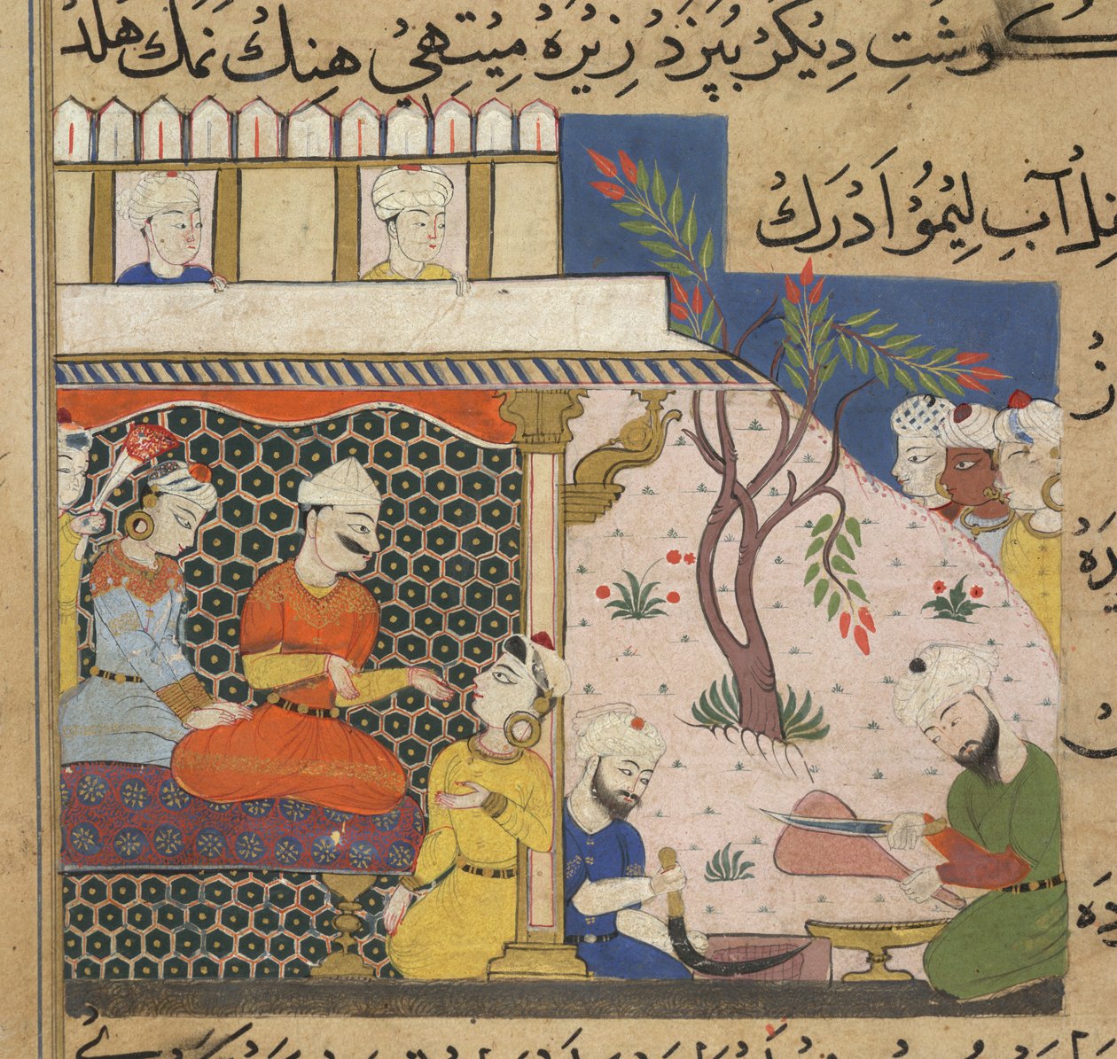 Mince being prepared for the Sultan Ghiyath al-Din, while he dallies with his ladies, from The Ni