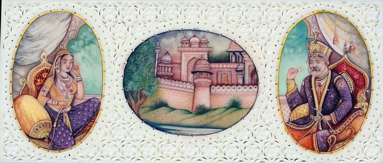 Miniature Painting of Mughal Emperor Bahadur Shah Zafar with Wife Zeenat Mahal by School Indian
