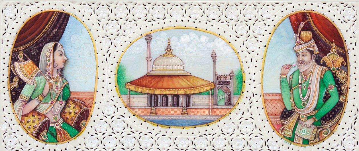 Miniature Painting of Mughal Emperor Humayun with Wife Jhanvi by School Indian