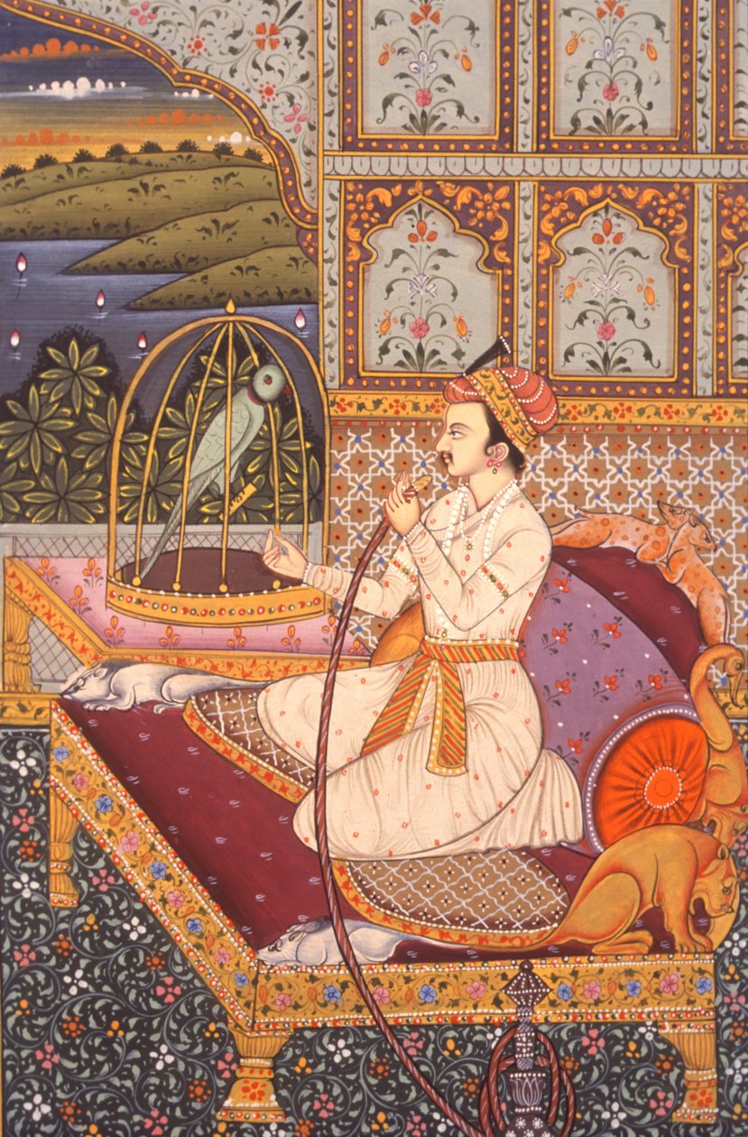 Miniature Painting of Mughal Prince Enjoying Hooka, India by School Indian