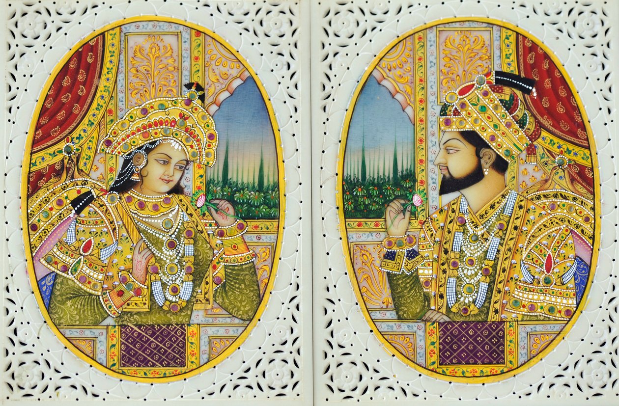 Miniature Painting of Shah Jahan with Wife Mumtaj Mahal by School Indian