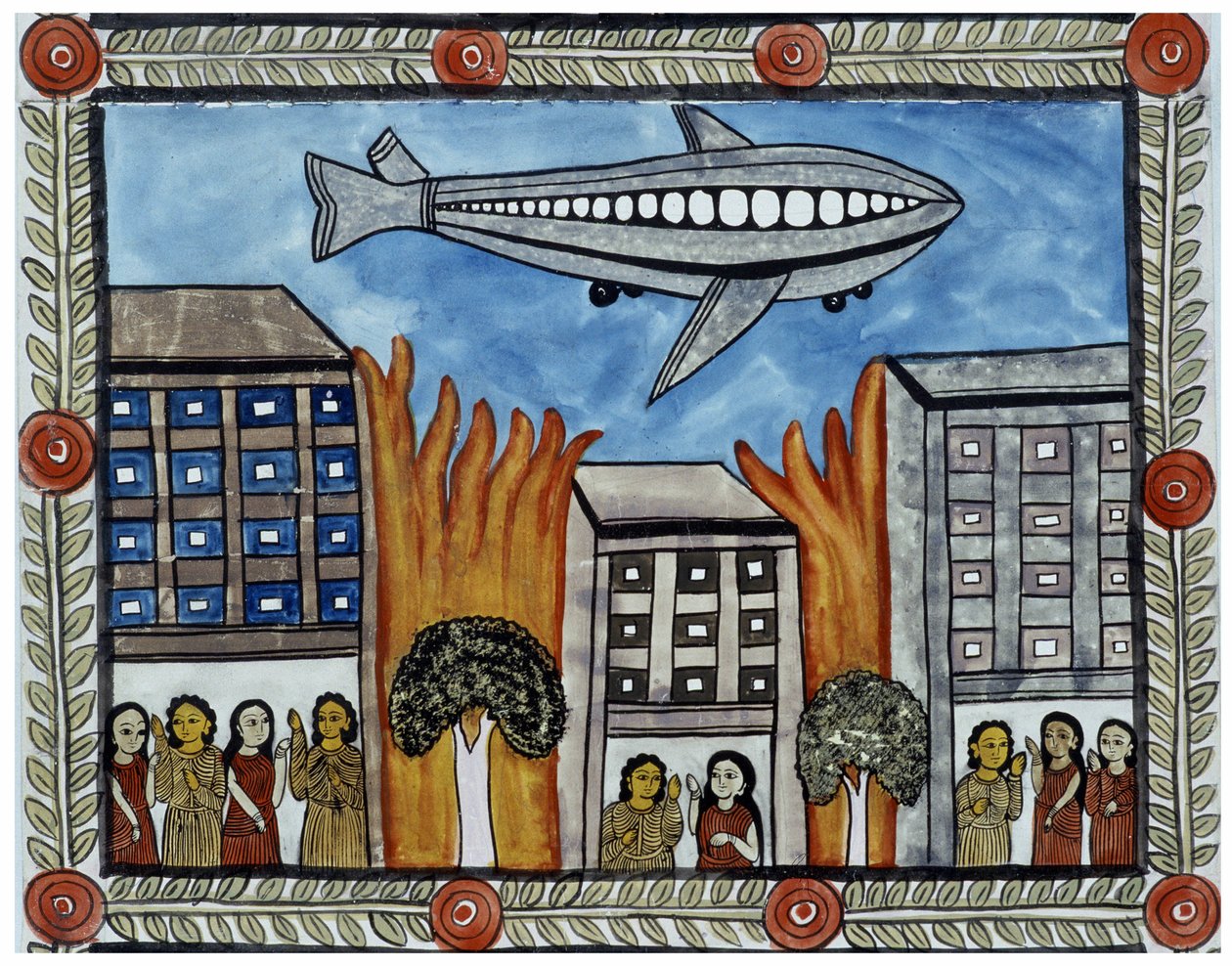 The story of the attacks of 11 September 2001 told by the peddlers Baul from Bengal. Painting, series, number 6/9, Bengal by School Indian