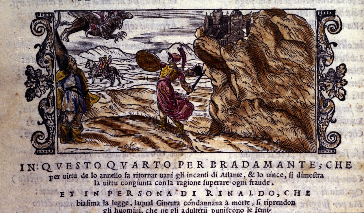 Bradamante tears Brunel her enchanting ring, thanks to which she detrays the power of Atlante and delivre Roger, scene of the knight poem of Orlando Furioso by Ludovico Ariosto, Chant I by School Italian