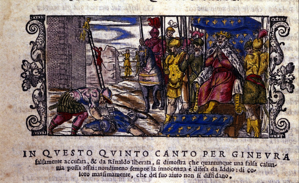 Princess Ginevra is innocent and the fight between the slander and the unknown knight who came to defend Ginevra is interrupted. Scene of the knight poem of 