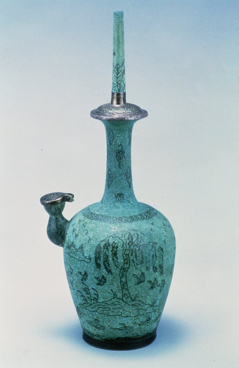 Kundika inlaid with design depicting birds and a tree in silver, Koryo Dynasty, 918-1392 AD by School Korean