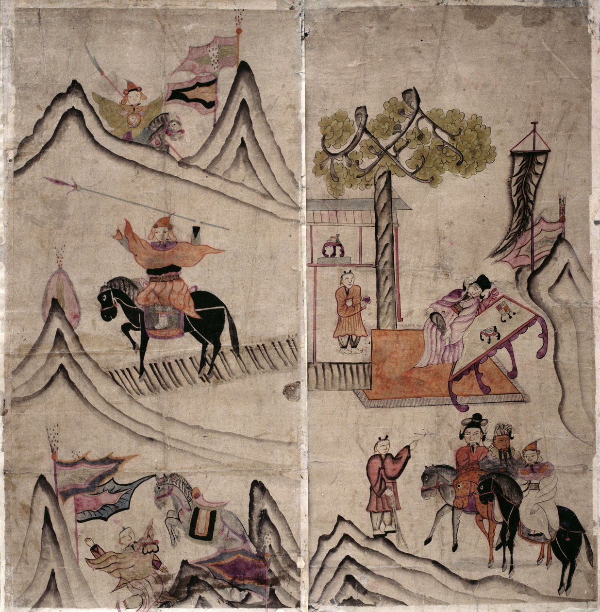 Two Panels of an Eight Fold Screen Depicting 'A Story of Three Kingdoms'