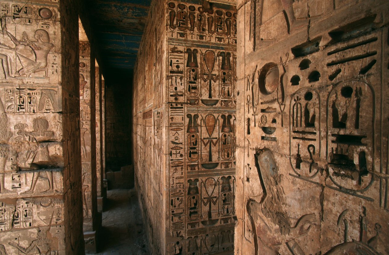 Mortuary Temple of Ramses III. Detail of Columns and Walls Carved with Figures and Hieroglyphs by R. and Smith Simkin