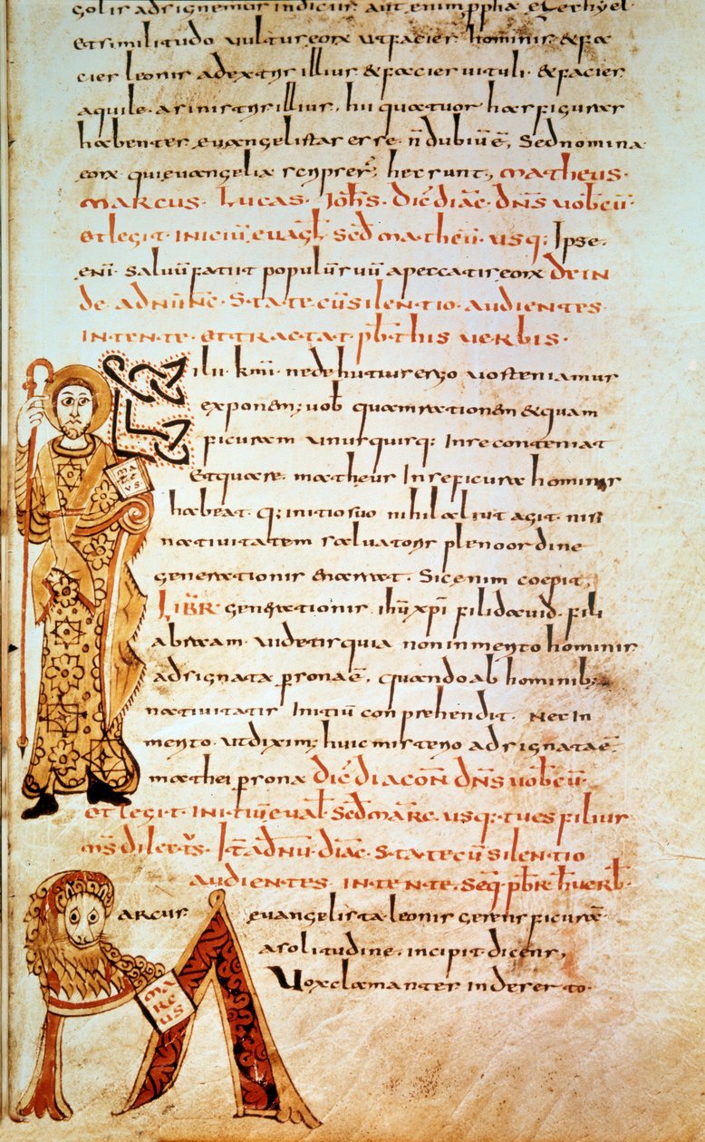Saint Matthew; Letter M (Head of the Lion of Saint Mark). Page in Sacramentary of Gellone, Folio 42 by School Merovingian