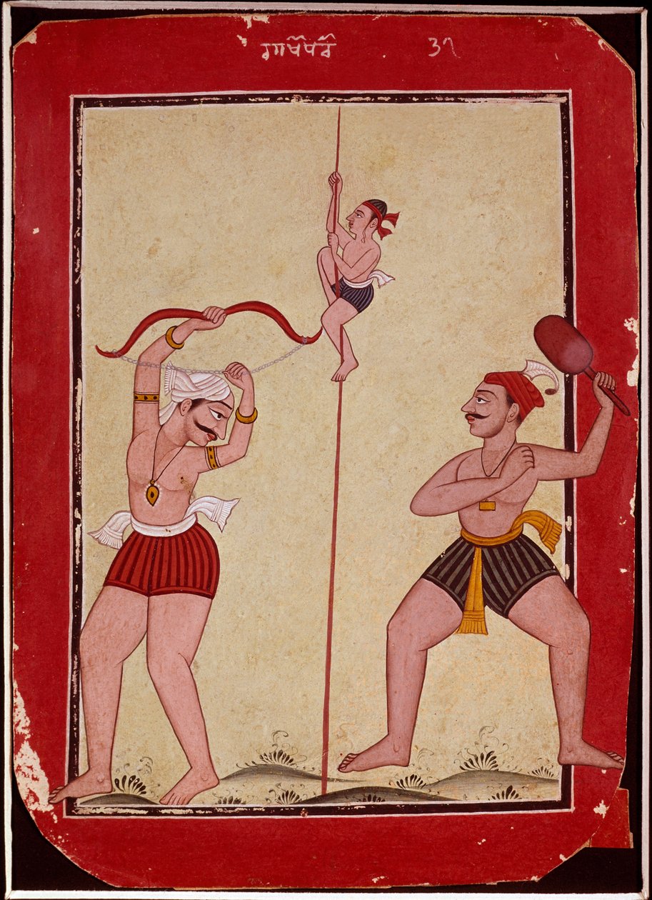 Three athletes during training (rope, archery and snowshoeing game) by School Mughal