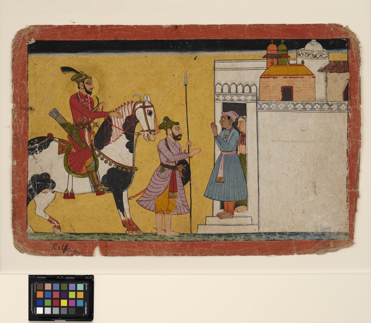 A prince hunting stops at the door of a home by School Pahari
