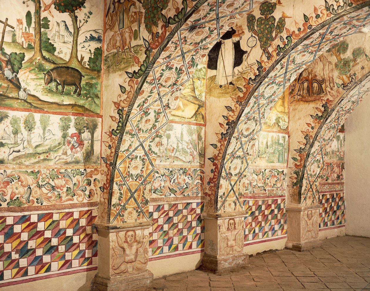 Chapel frescoes depicting religious and daily life scenes by School Peruvian