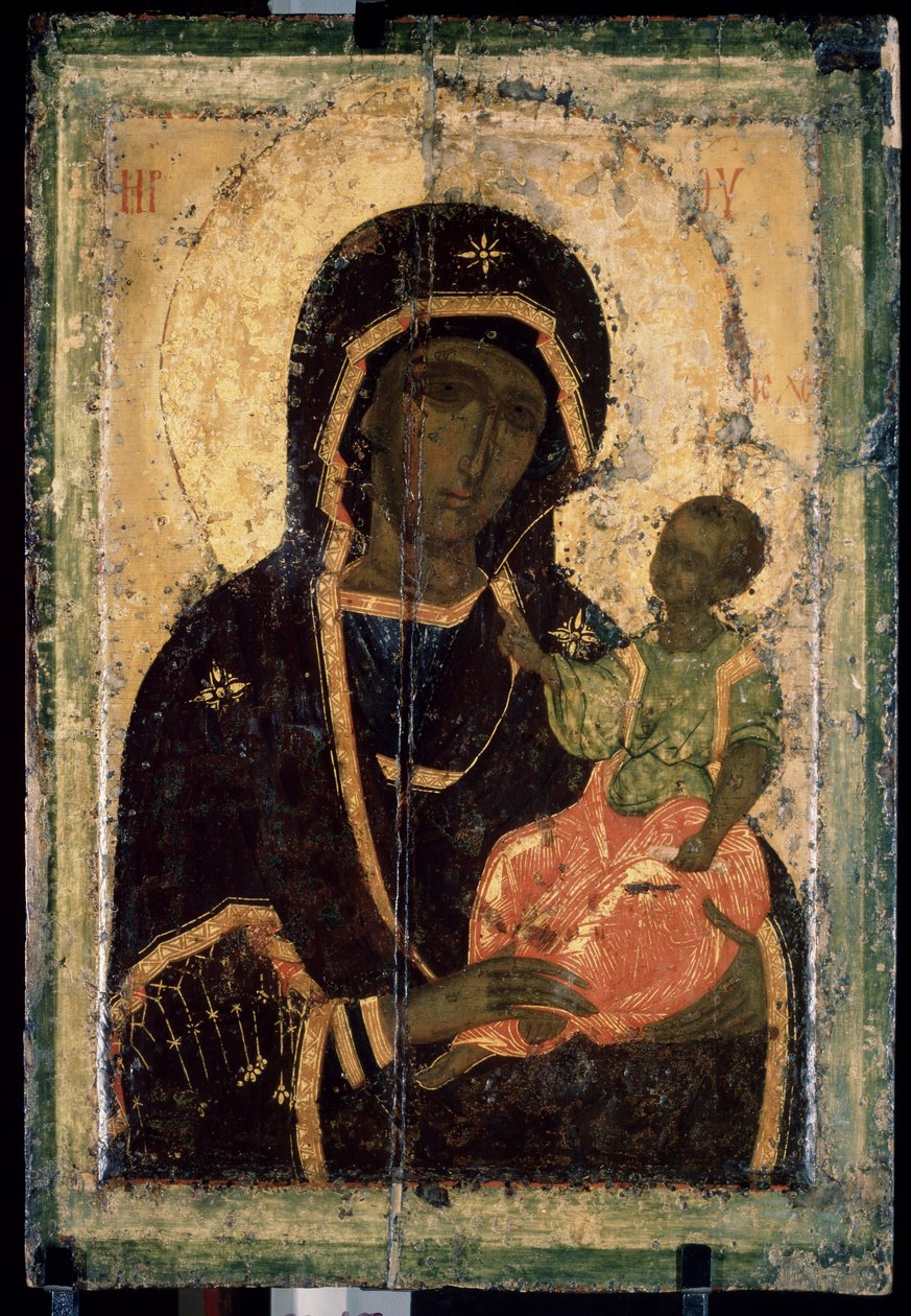 Virgin Hodegetria. Russian icon, painting on wood, circa 1360. State Tretyakov Gallery, Moscow by School Russian