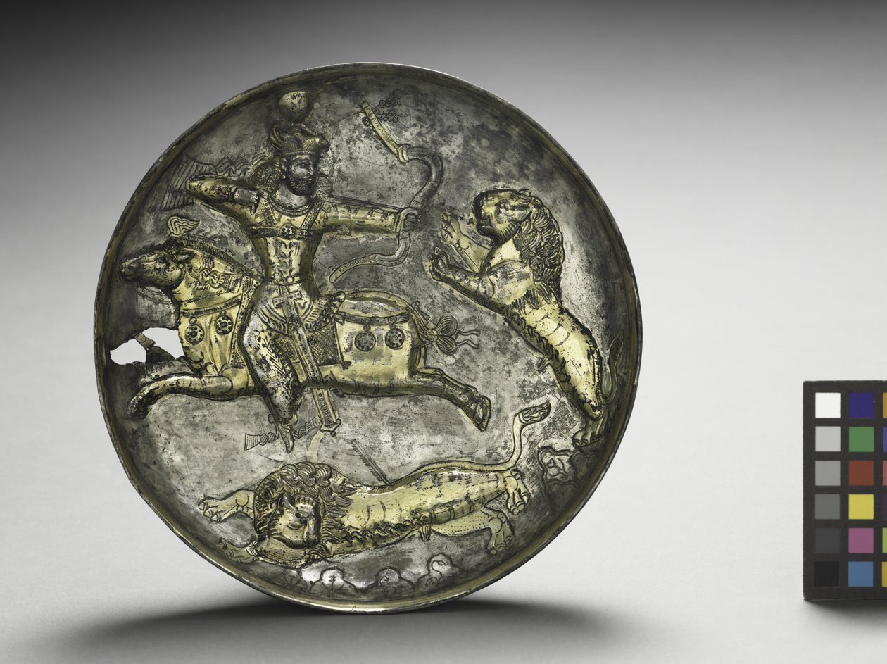 Dish: King Hormizd II or Hormizd III Hunting Lions by School Sasanian