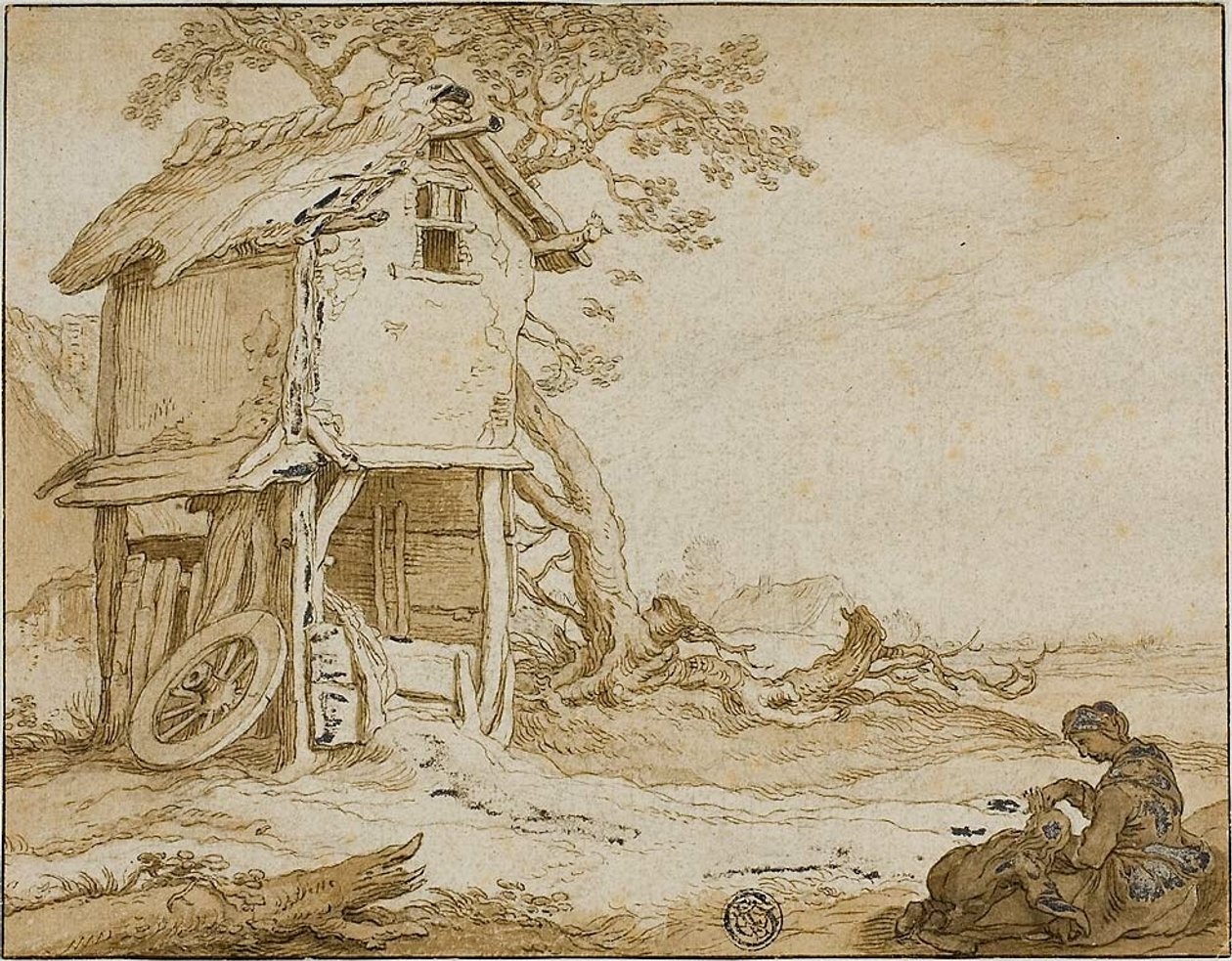 Landscape with Barnstable, Seated Woman, and Child by School of Abraham Bloemaert