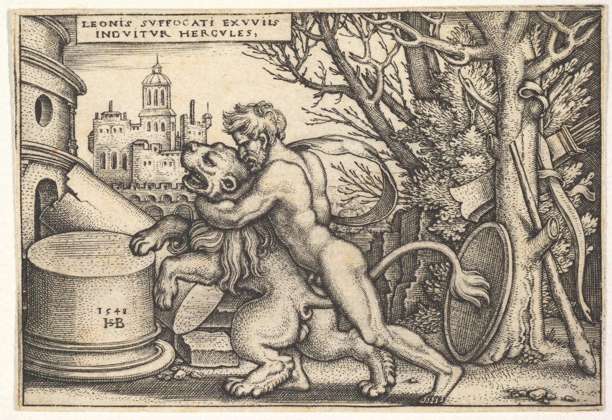 Hercules, in Profile, Killing the Nemean Lion with His Arm Around Its Neck, from 