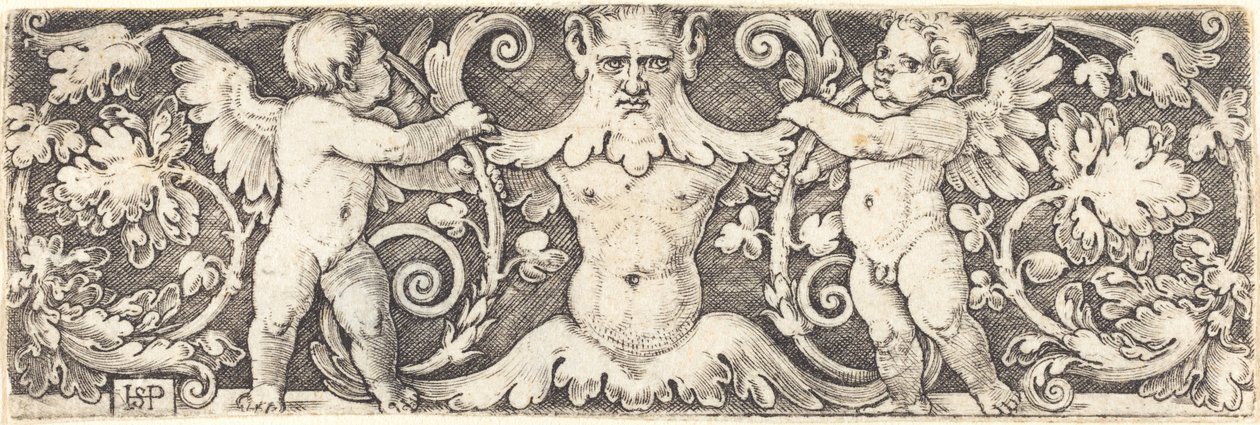 Ornament with Male Half Figure Between Two Genii by Sebald Beham