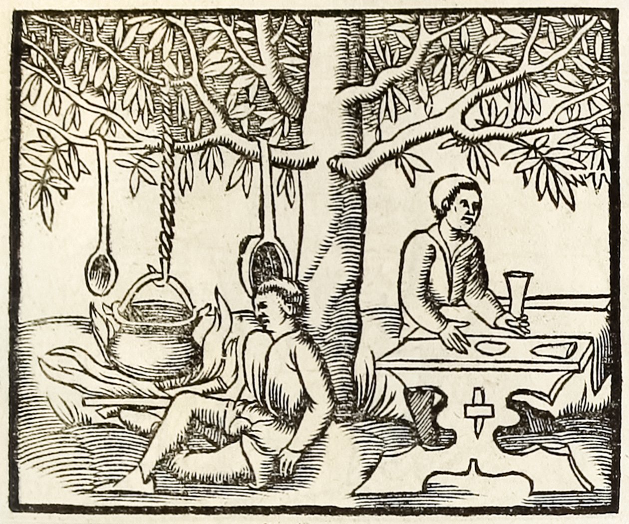 Cooking pot and waiting diner from 1550 edition of Cosmographia by Sebastian Munster by Sebastian Munster